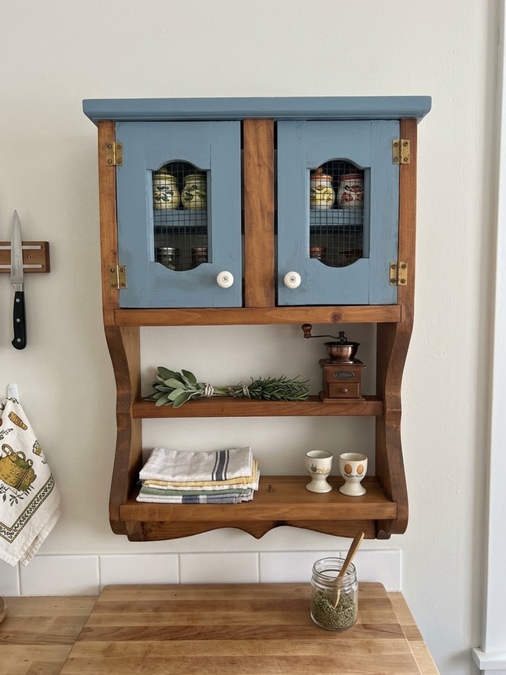 Vintage Country Cottage Pine Wall Cabinet Spice Rack | Chicken Wire Doors